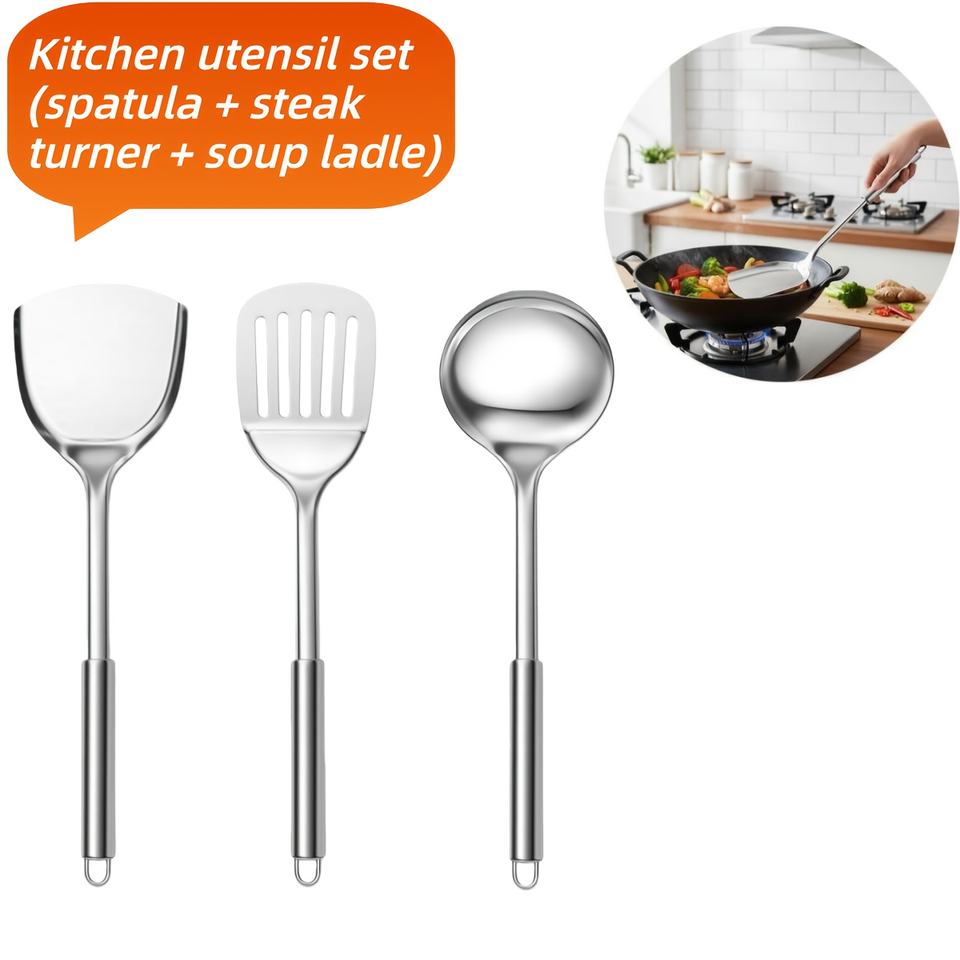 Stainless Steel 3-Piece Multi-Purpose Kitchen Utensil Set - Spoon, Spatula, Dishwasher Safe - Ideal for Home, Apartment, Dorm Use