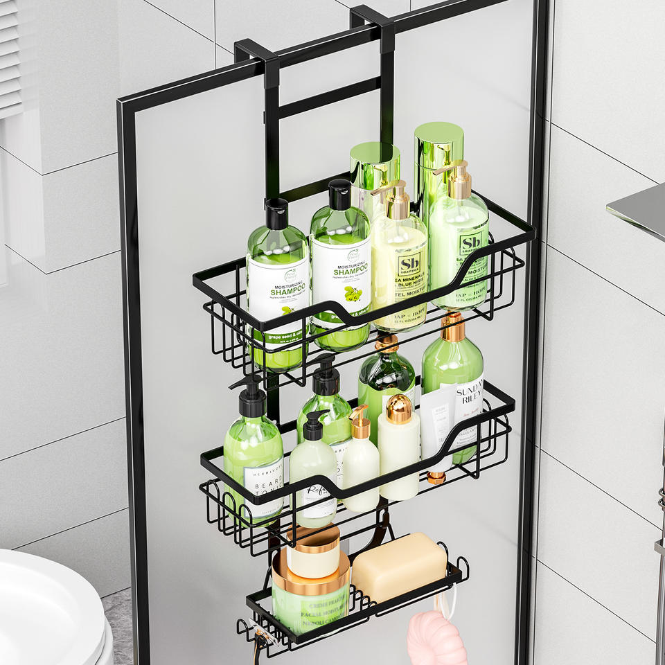 Hanging Shelf with Hooks and Adhesive Pads, Drill-Free Bathroom Storage Rack Shower Caddy