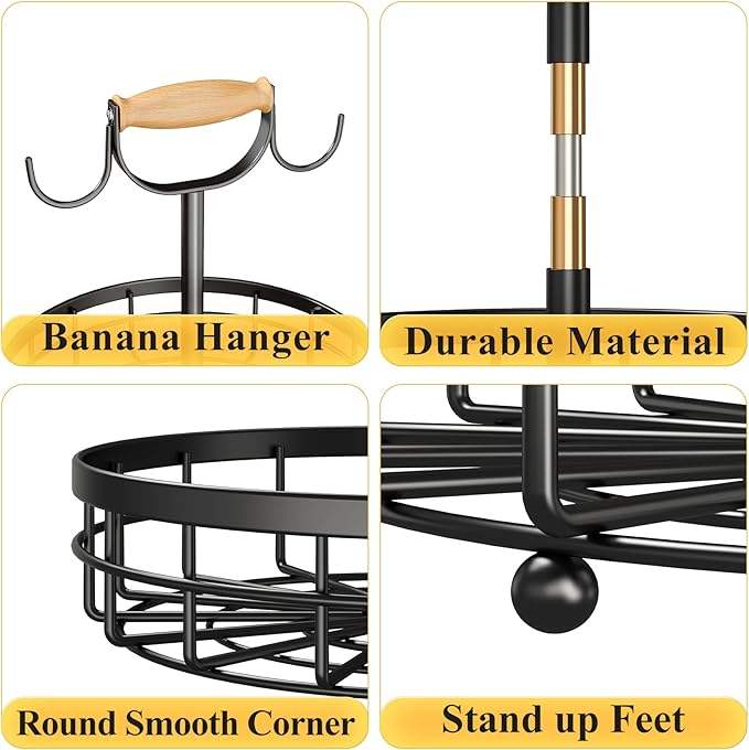 2-Layer Fruit Basket with Double Banana Hooks and Wooden Handles, Metal Wire Basket for Kitchen Countertop