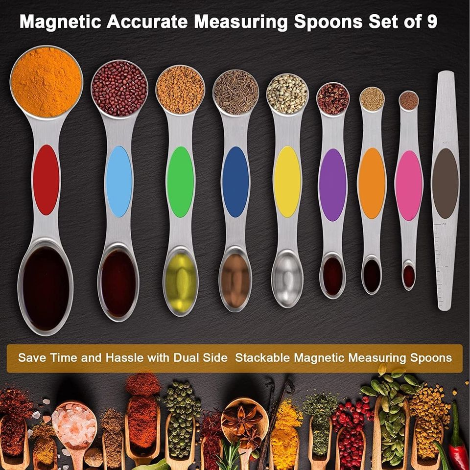 Double-Ended Magnetic Measuring Spoon Set, 9-Piece Black Handle Stainless Steel Dual-Sided Leveler for Cooking Baking