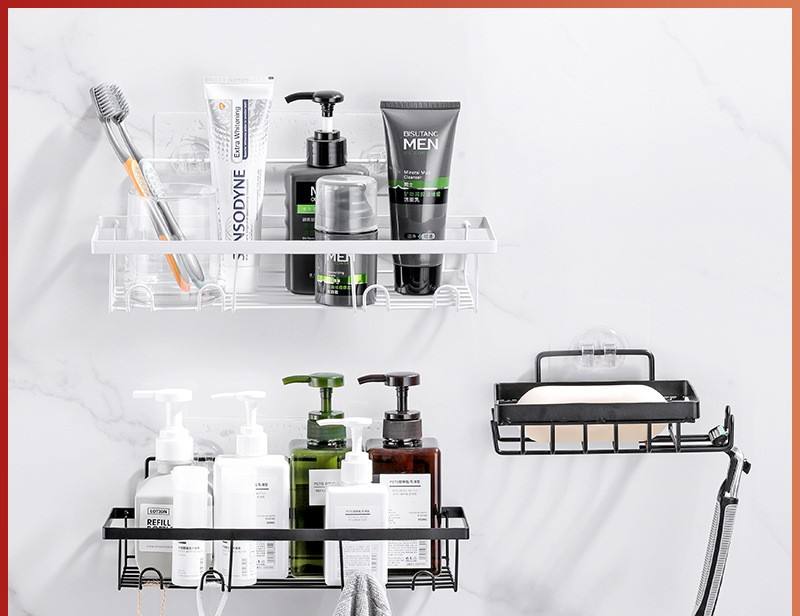 Hot Sale Iron Multifunction Self-Adhesive Bathroom Shower Shelf Wall-Mounted Towel Rack No Drilling