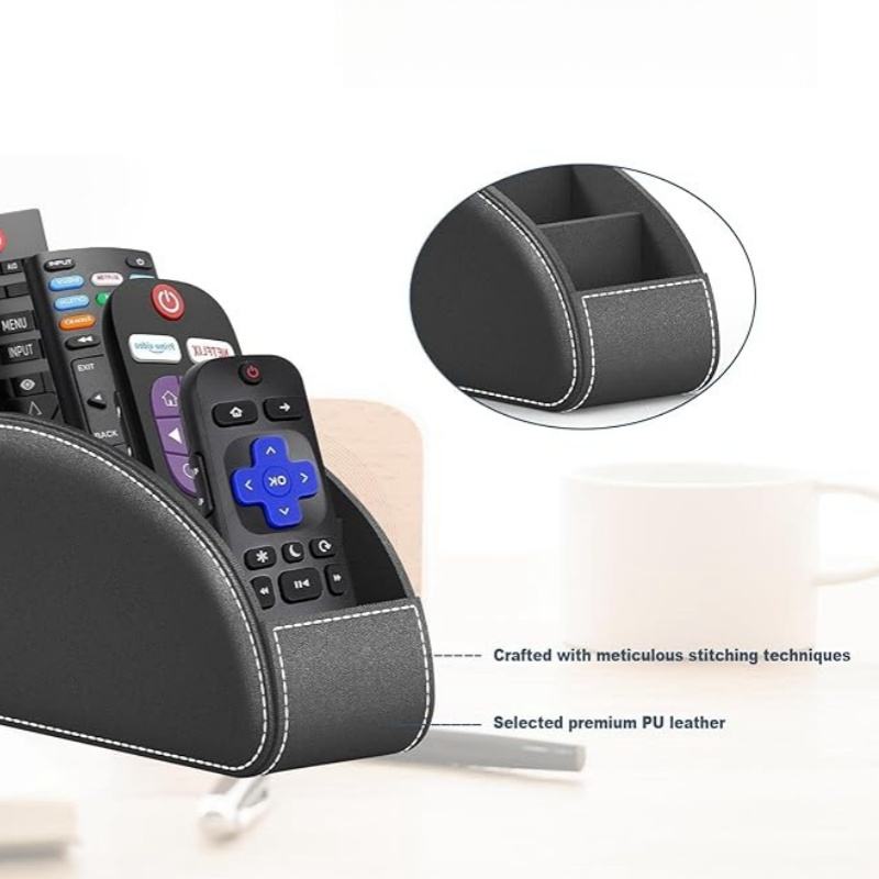 Desktop Leather Remote Control Organizer with 5 Spacious Compartments for TV Remotes