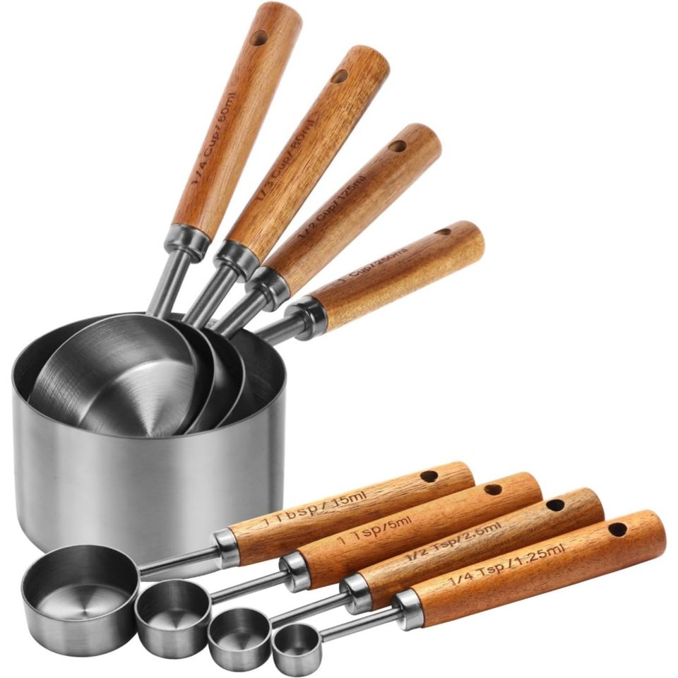 Stainless Steel Coffee Measuring Cup and Spoon Set with Wooden Handle for Dry and Liquid Ingredients