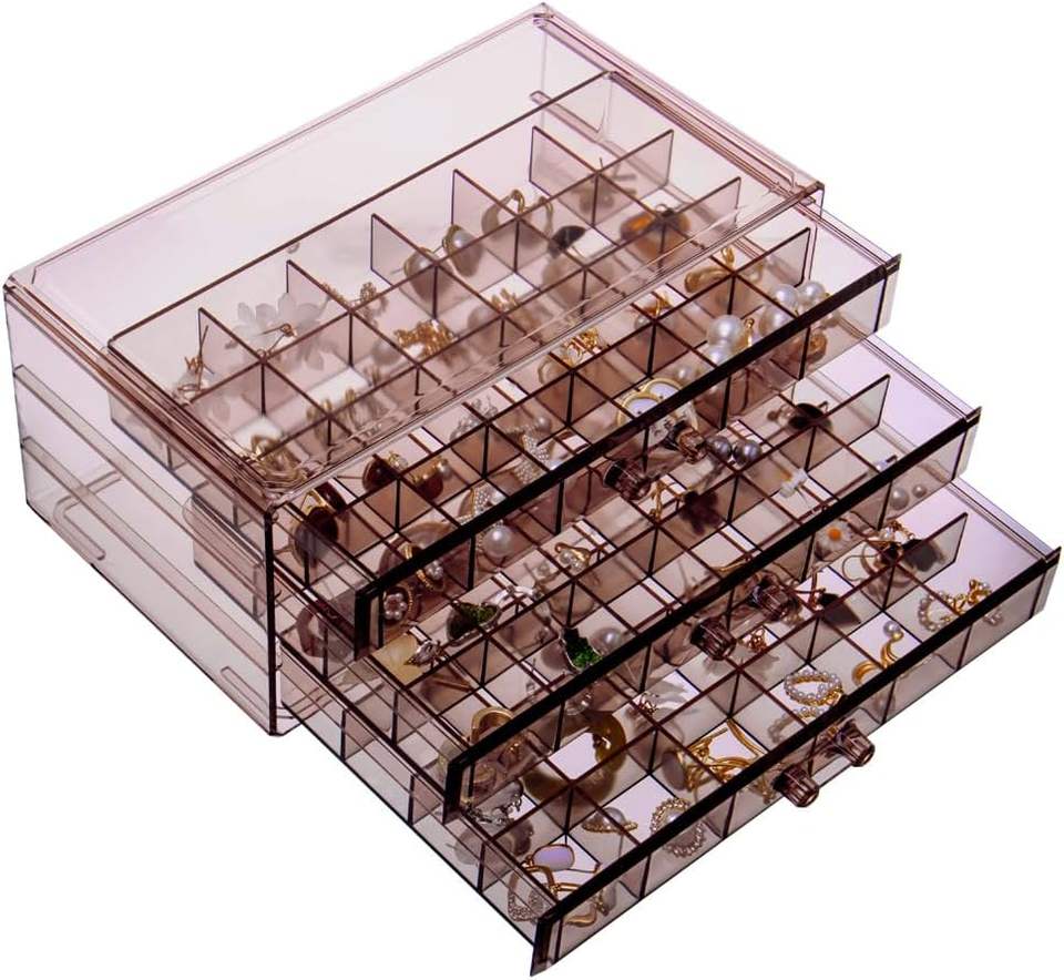 Earring Organizer Stand with 3 Drawers Acrylic Jewelry Storage Box Transparent Jewelry Display Stand with 72 Small Compartments