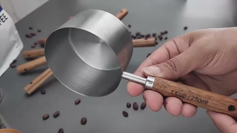 Stainless Steel Coffee Measuring Cup and Spoon Set with Wooden Handle for Dry and Liquid Ingredients