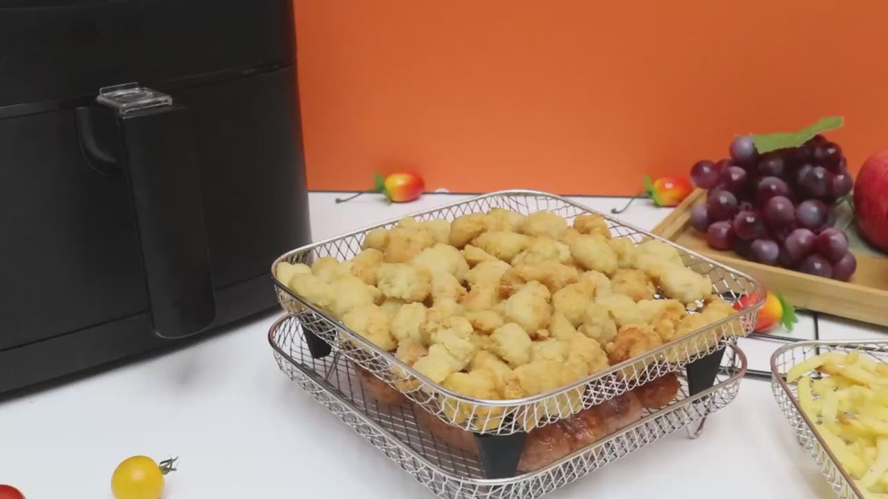 Stackable Hot Air Fryer Basket with Silicone Feet and 1 Pair of Tongs, Accessory Basket for Air Fryers, Ovens, and Pressure Cookers