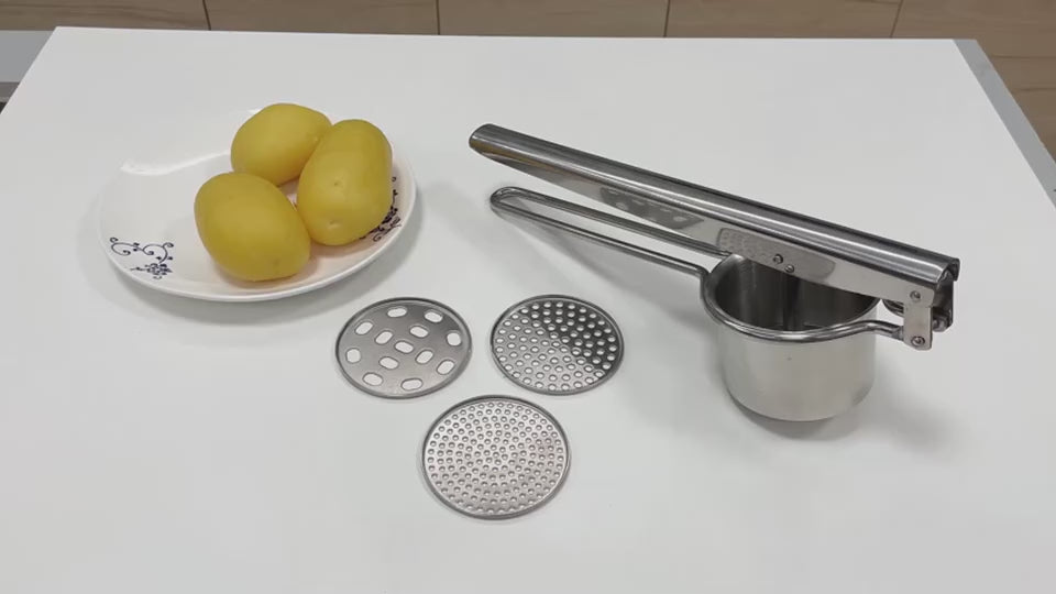Portable Stainless Steel Potato Masher with 3 Interchangeable Discs - Easy-to-Use Crushing Tool for Home Use