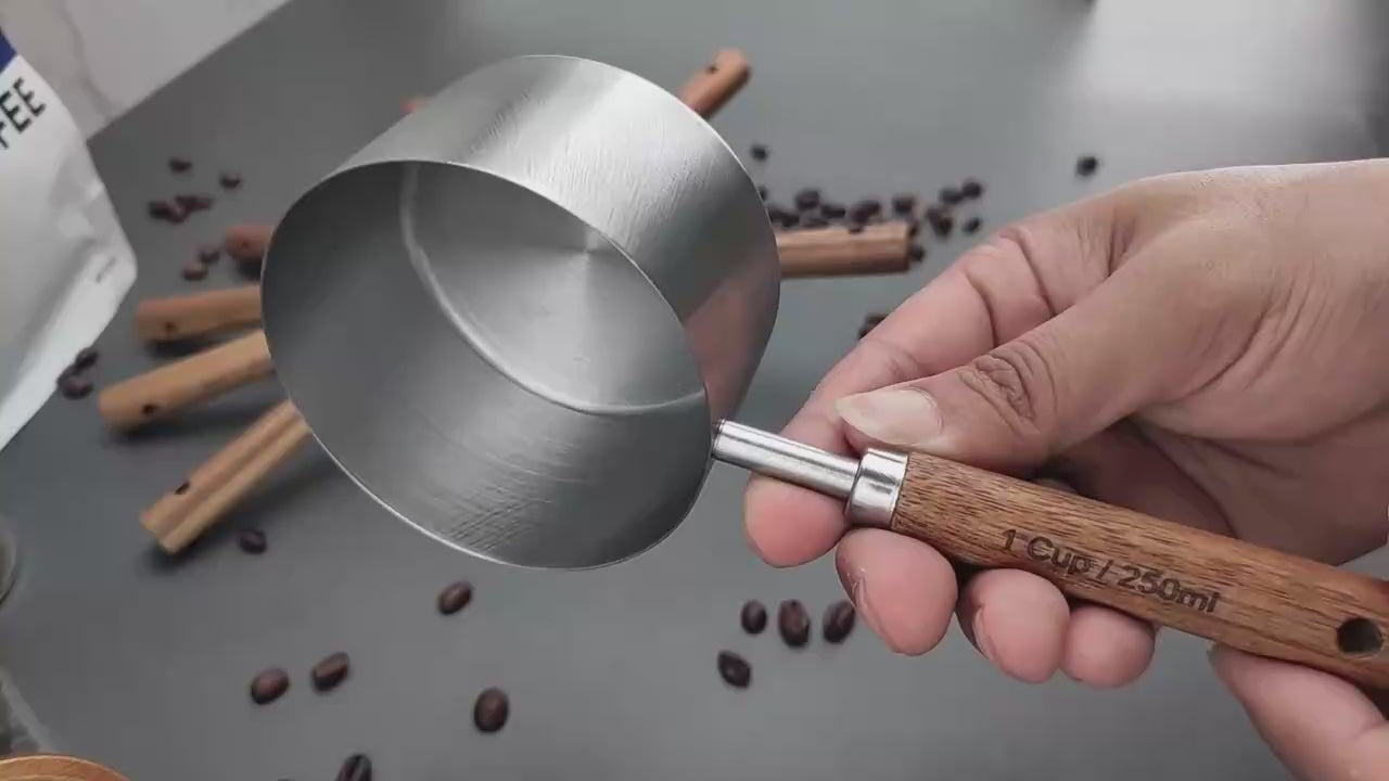 Stainless Steel Coffee Measuring Cup and Spoon Set with Wooden Handle for Dry and Liquid Ingredients